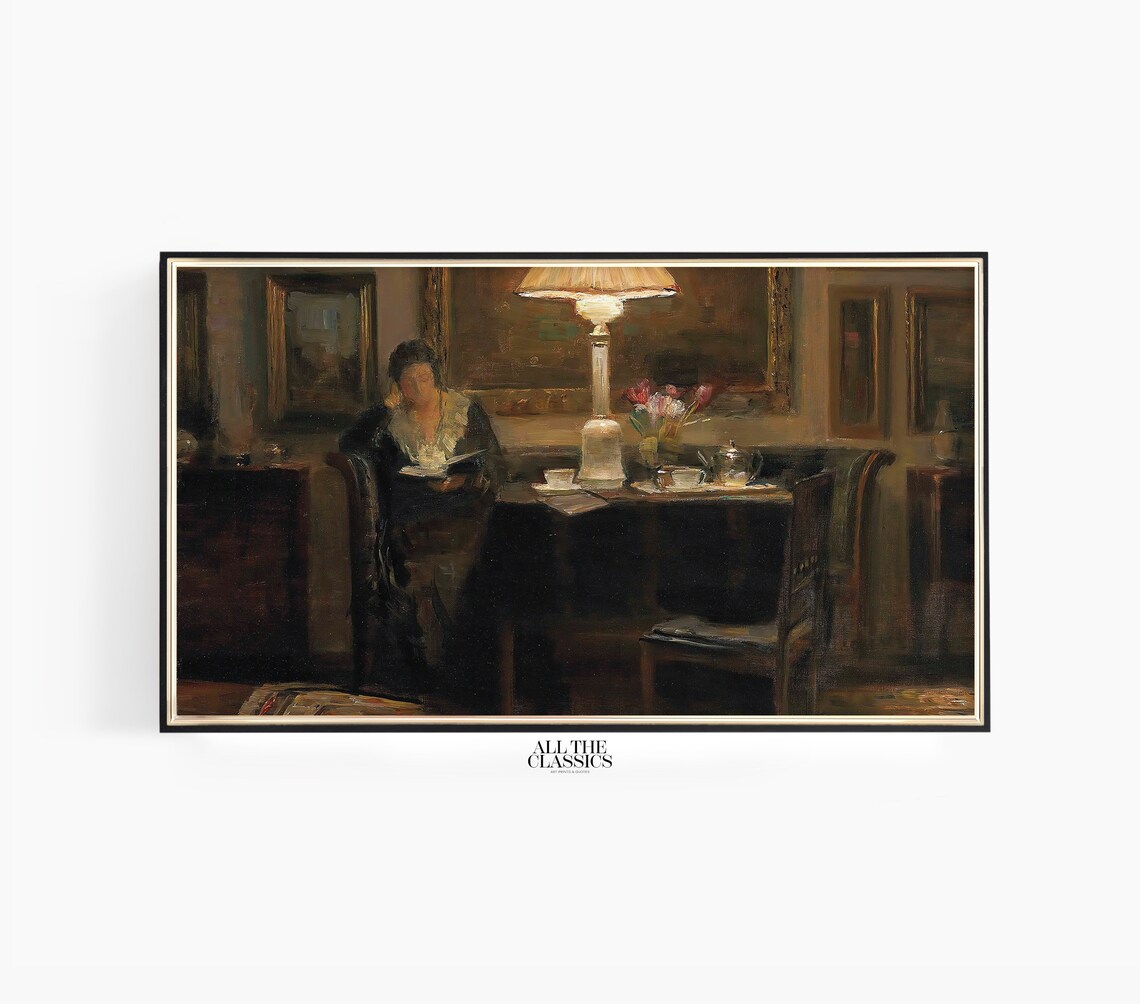 Moody Female Portrait by Lamplight, Vintage Art Print