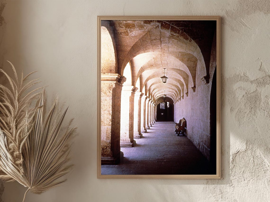 Peru Arequipa Monastery Cloister Stone Arches Corridor Vintage Poster