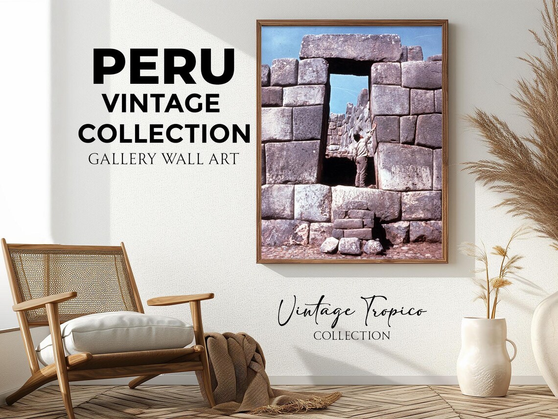 Machu Picchu Inca Stone Portal Figure In Doorway Vintage Peru Poster