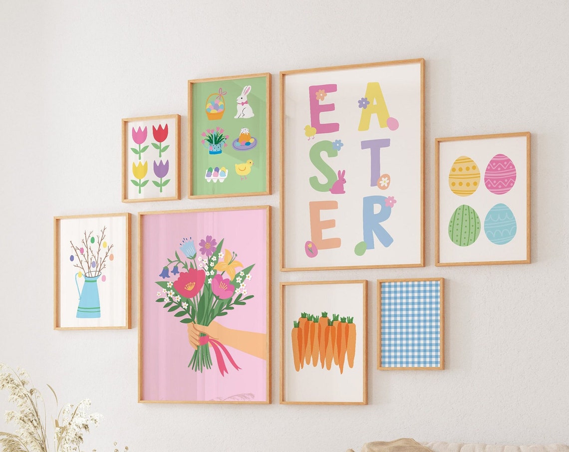 Easter Gallery Wall Set 8 Framed Tulips Carrots Gingham Print
