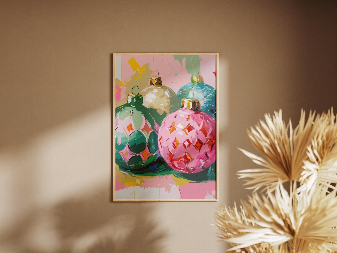 Colorful Painted Christmas Ornaments Modern Holiday Wall Decor Poster
