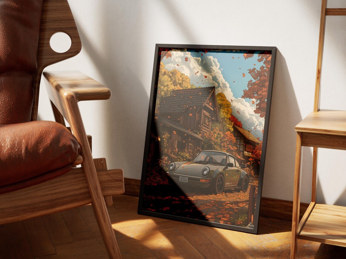 Anime Porsche 911 Japanese Countryside Autumn Leaves Art Poster - Image 2