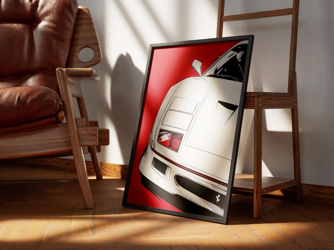 White Ferrari F40 Front Close-Up Red Background Modern Poster - Image 2
