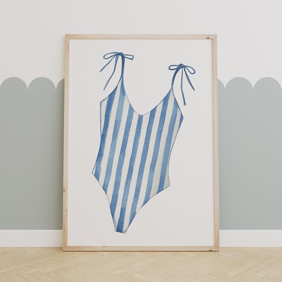 Blue Striped Swimsuit Watercolor Illustration Coastal Bathing Suit Poster