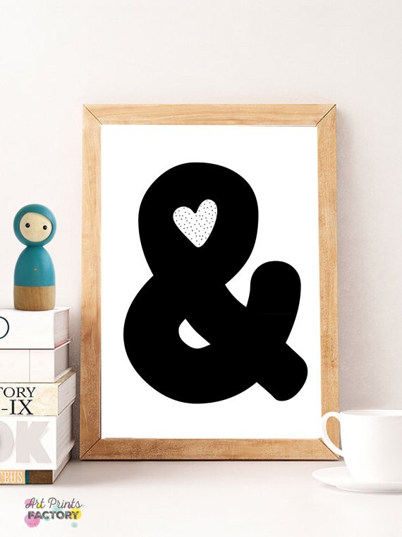 Black Ampersand With Dotted Heart Monochrome Nursery Wall Print