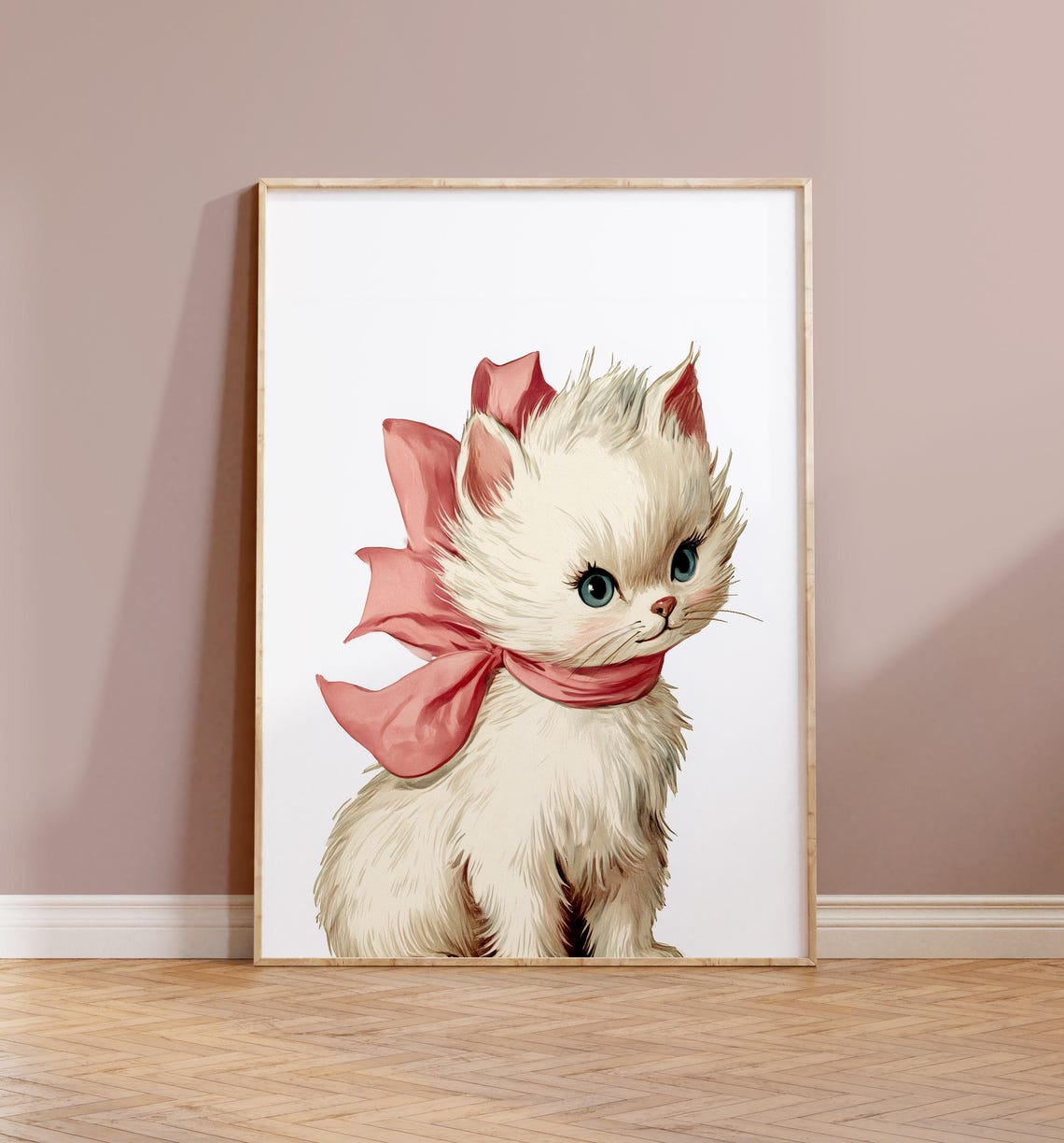 Vintage White Kitten With Pink Bow Retro Illustration Poster