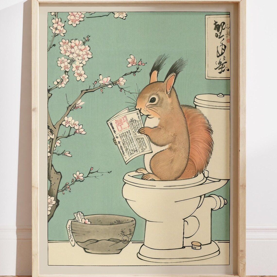 Squirrel On A Toilet Print Bathroom Wall Art Japanese Prints Cute Poster Animal Decor Housewarming Gift