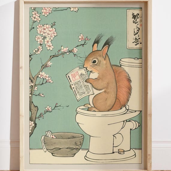 Squirrel On A Toilet Print Bathroom Wall Art Japanese Prints Cute Poster Animal Decor Housewarming Gift