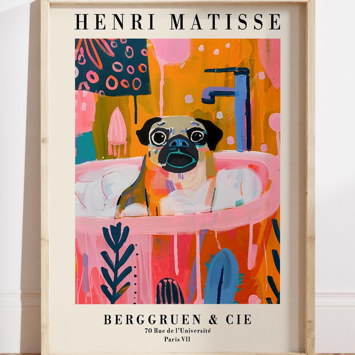 Pug In A Bathtub Matisse-Inspired Bathroom Art Print