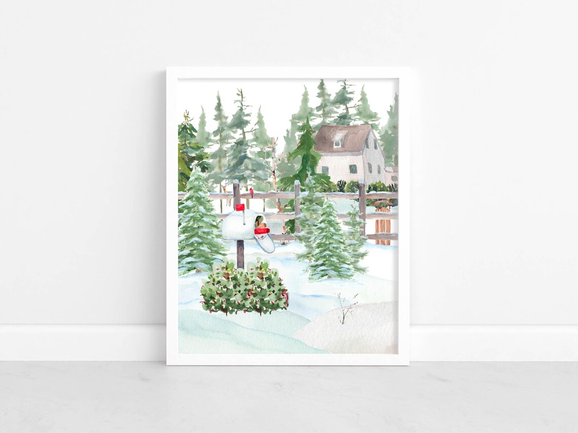 Snowy Winter Mailbox Watercolor Woodland Farmhouse Landscape Poster - Image 2