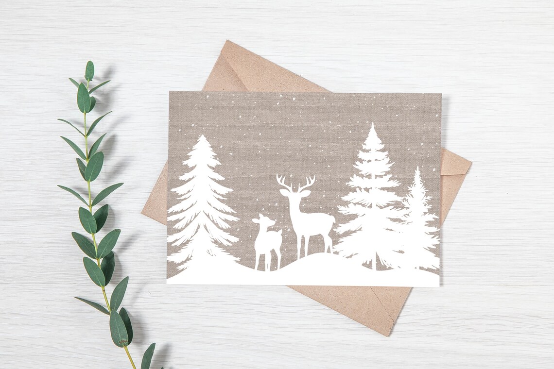 Deer Silhouettes In Snow White On Taupe Winter Woodland Scene Poster - Image 3