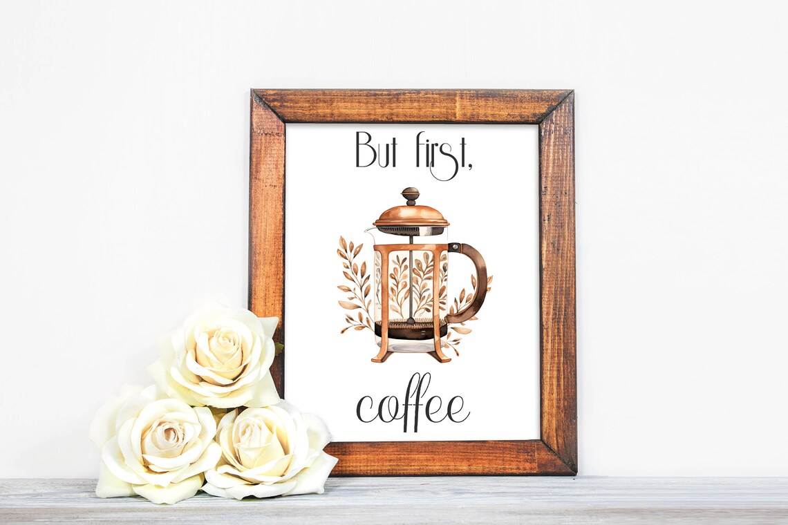 But First Coffee Copper French Press Watercolor Kitchen Poster - Image 2