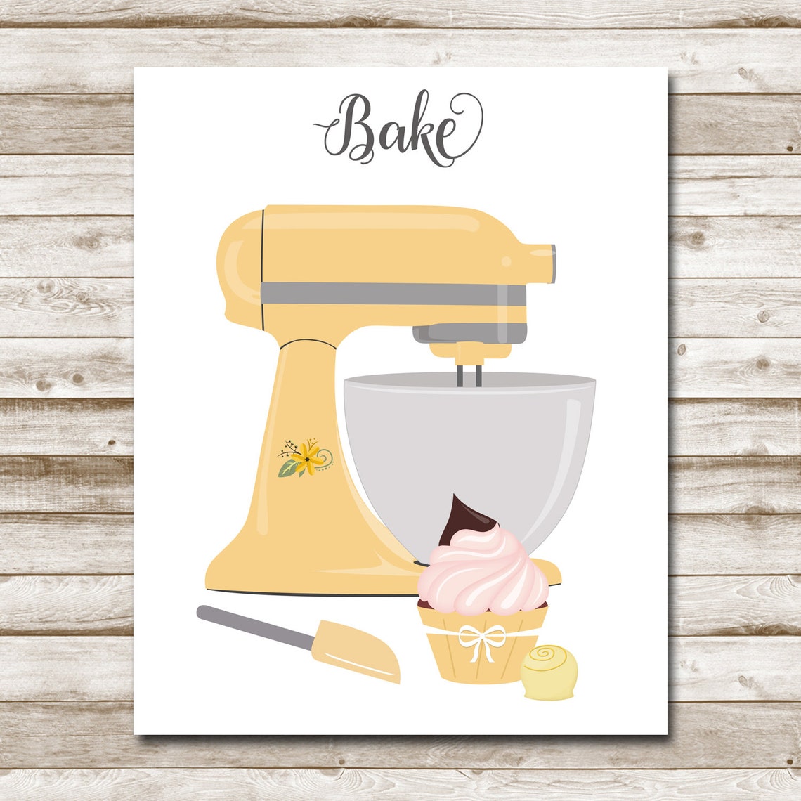 Yellow Stand Mixer Bake Kitchen Cupcake Spatula Baking Decor Poster - Image 4