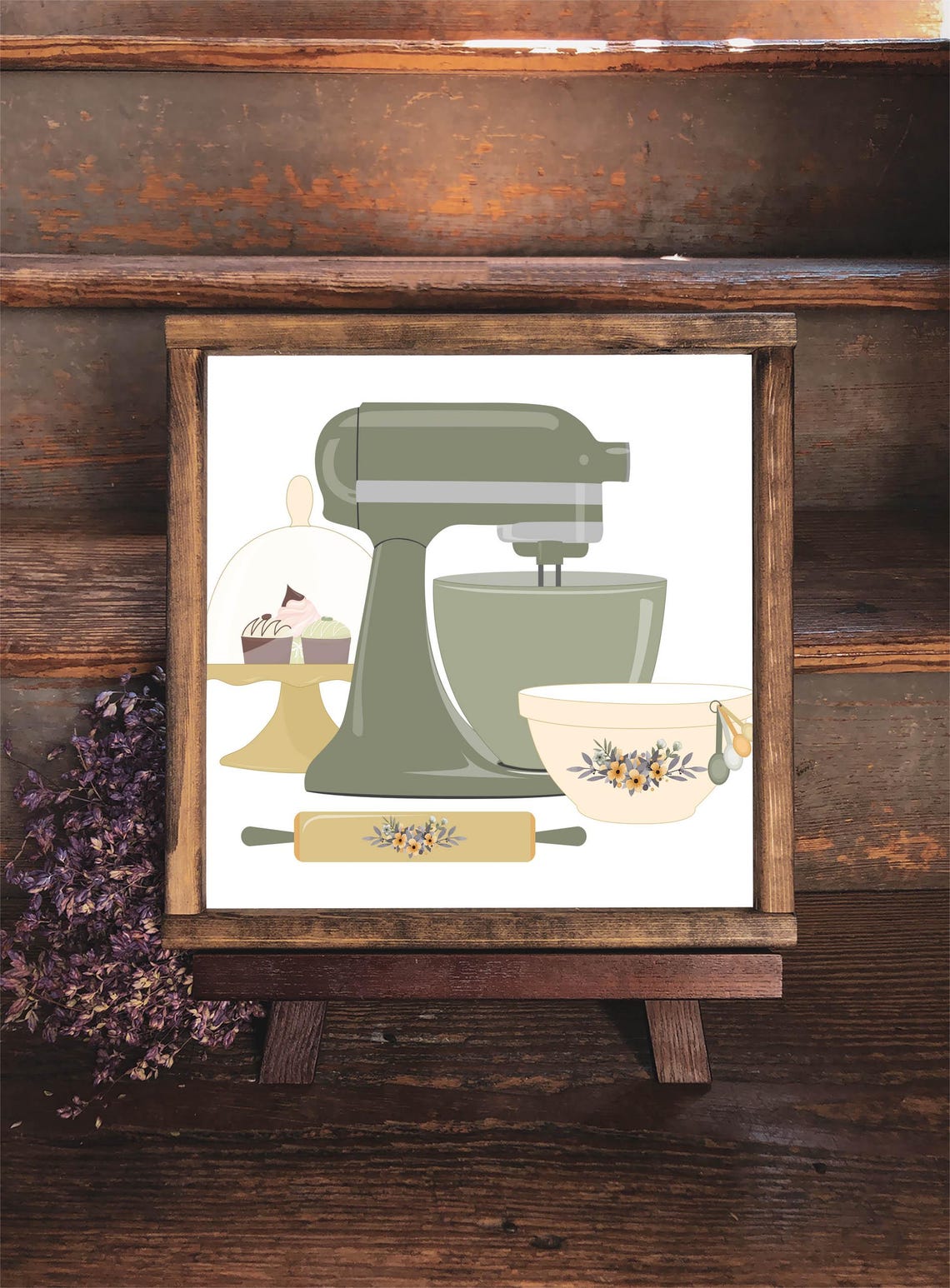 Sage Green Stand Mixer Baking Kitchen Illustration Floral Bowl Poster - Image 6