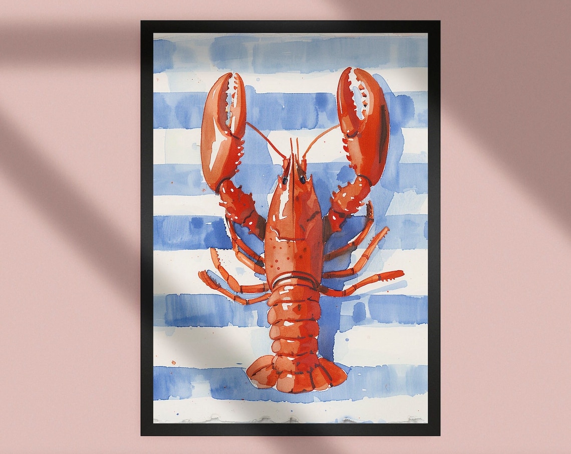 Red Lobster Watercolor Coastal Blue Striped Background Art Poster
