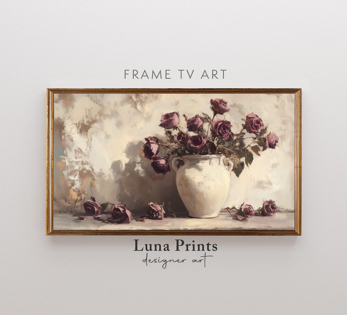 Dried Purple Roses White Vase Moody Floral Still Life Poster