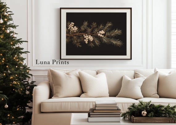 Winter Botanical Pine Tree Stems Christmas Art Print