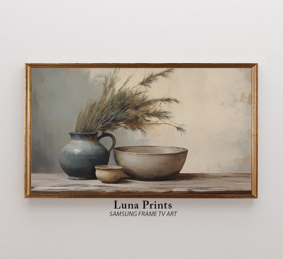 Winter Frame Tv Art Pottery And Pine Stems Still Life Painting Muted Toned Holiday For Samsung