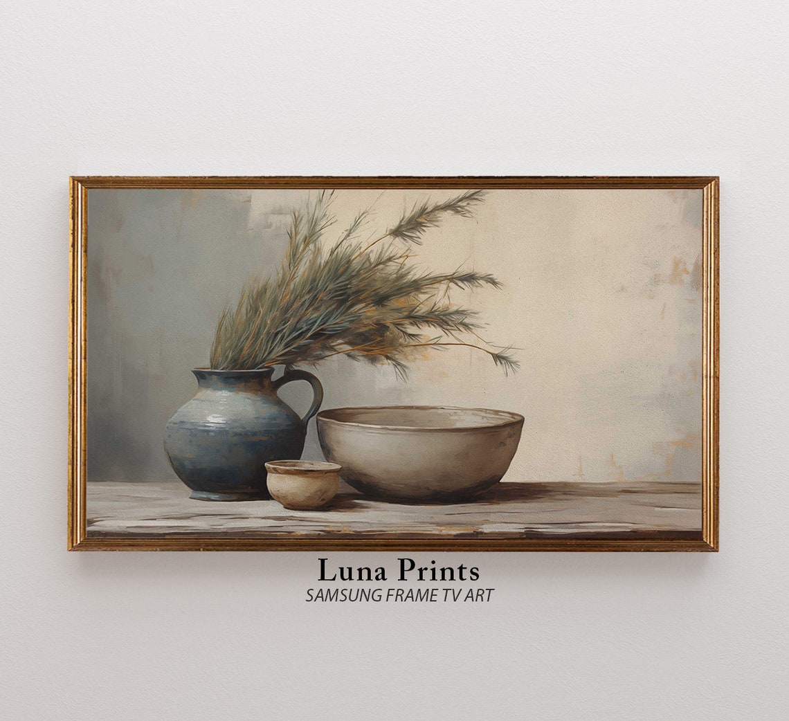 Blue Pitcher and Bowls with Wheat Stems Neutral Vintage Table Poster