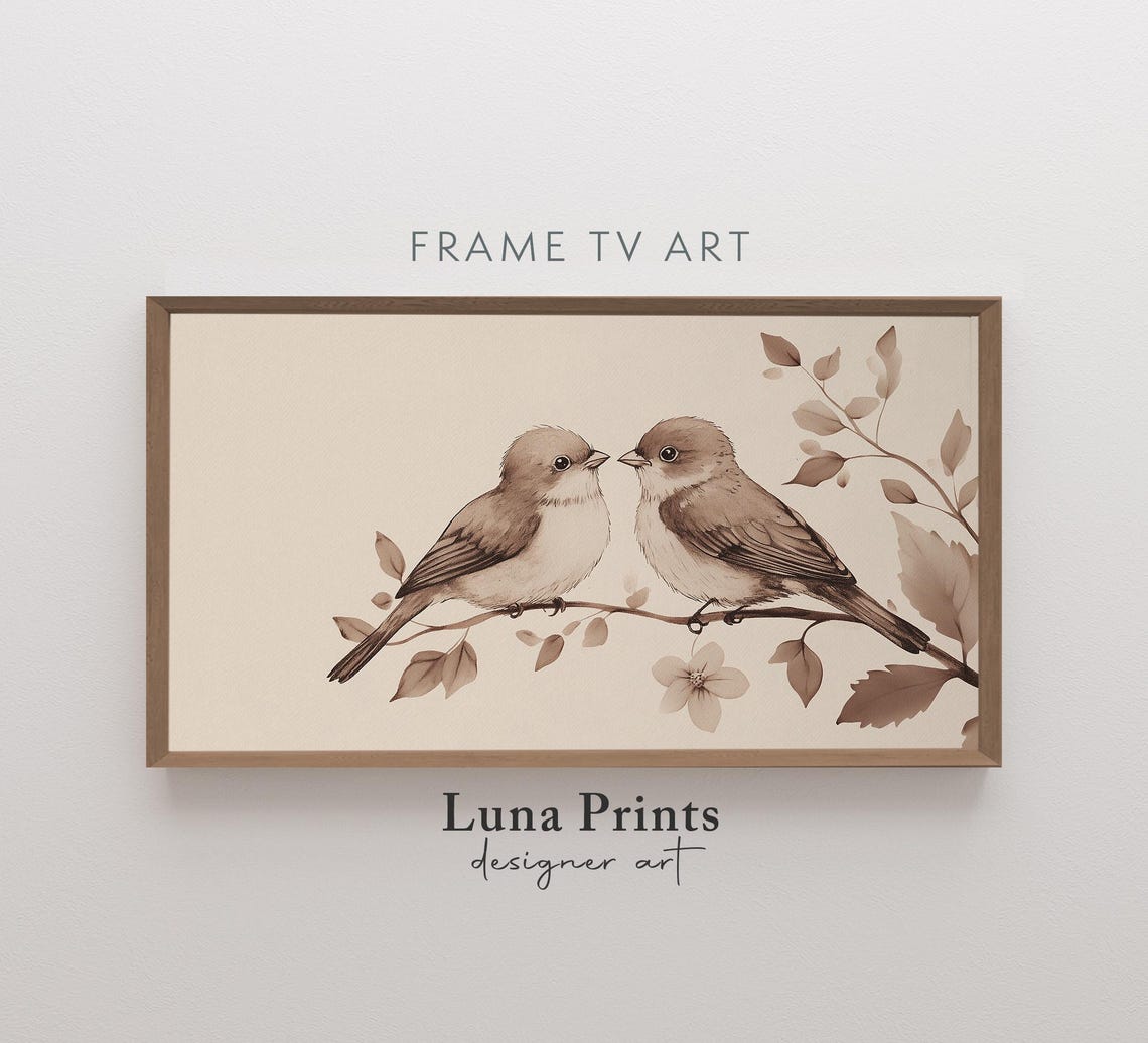 Love Birds Frame Tv Art Valentines Screensaver Neutral Day Muted Nature Illustration Bird Spring Tv10398