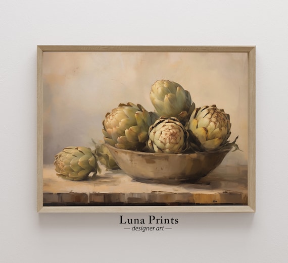 Muted Artichoke Vintage Still Life, Neutral Kitchen Art Print