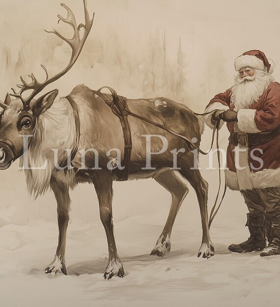 Vintage Santa Reindeer Christmas Art Print