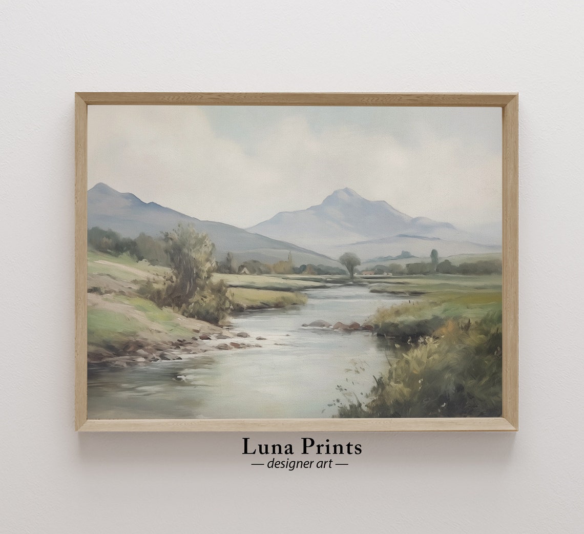 Mountain Landscape Painting Art Muted Toned Vintage