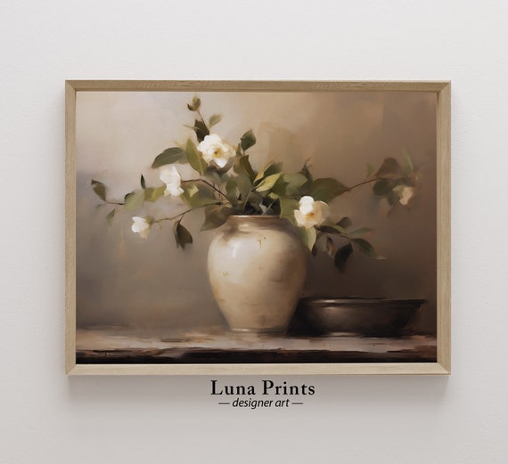 Muted Spring Floral Painting Art Print, Neutral Tones