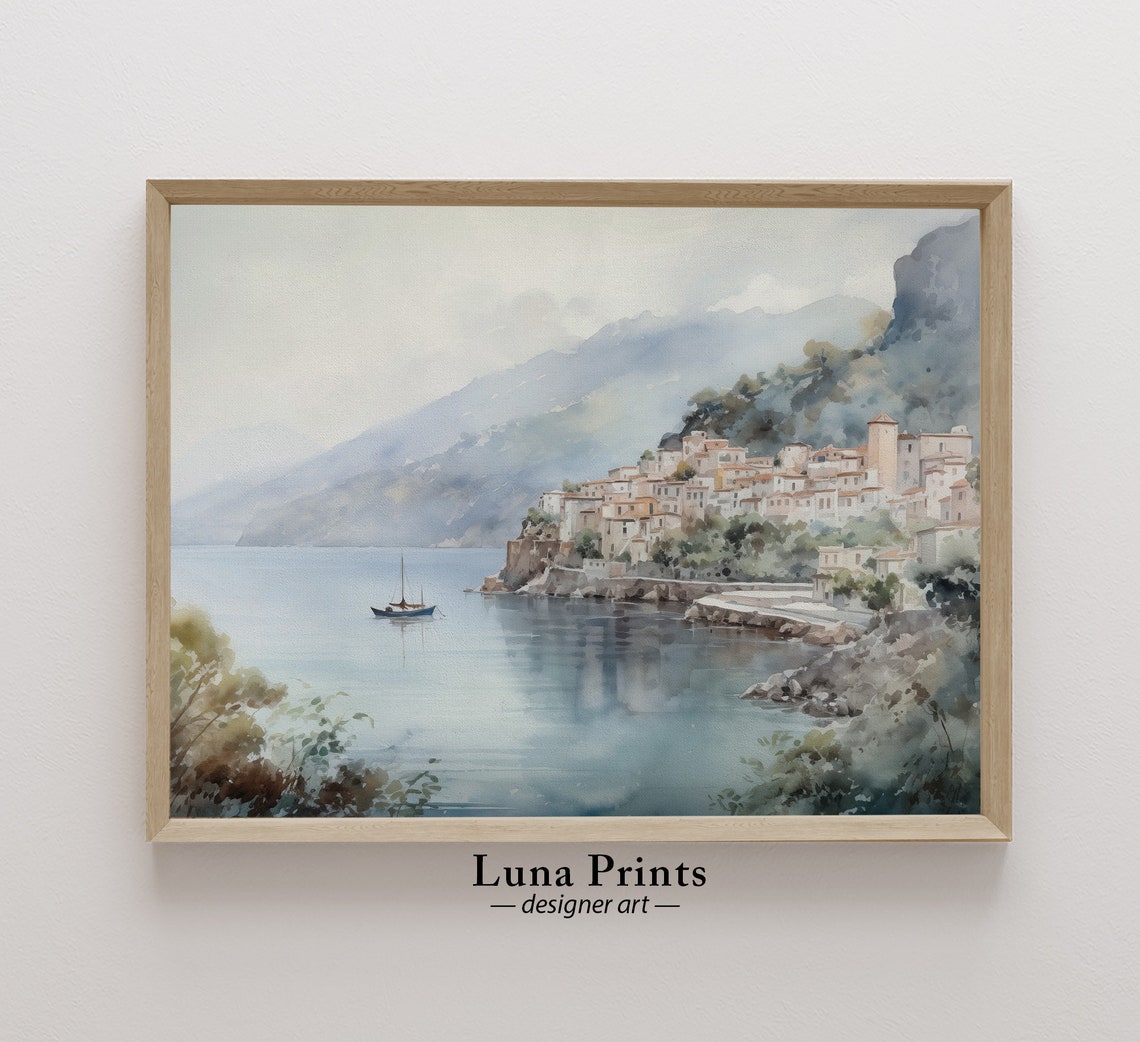 Mediterranean Coastal Village on Cliffs Soft Watercolor Poster