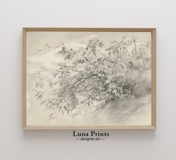 Tree Pencil Drawing Neutral Toned Vintage Landscape Art Print