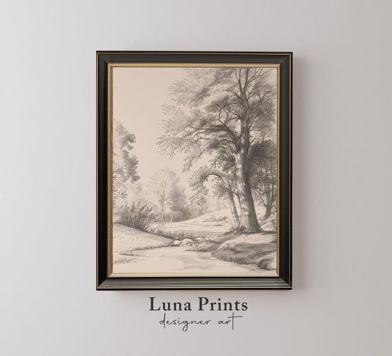 Forest Sketch Landscape Art, Vintage Sepia Print