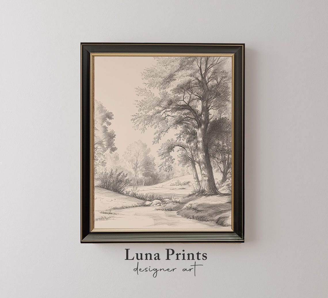 Forest Sketch Landscape Art, Vintage Sepia Print