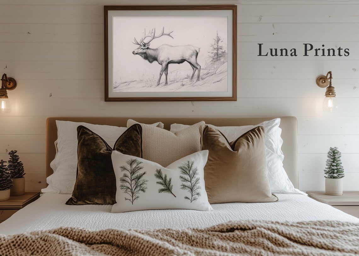 Elk Fine Pencil Sketch Antlers Neutral Wildlife Drawing Wall Art