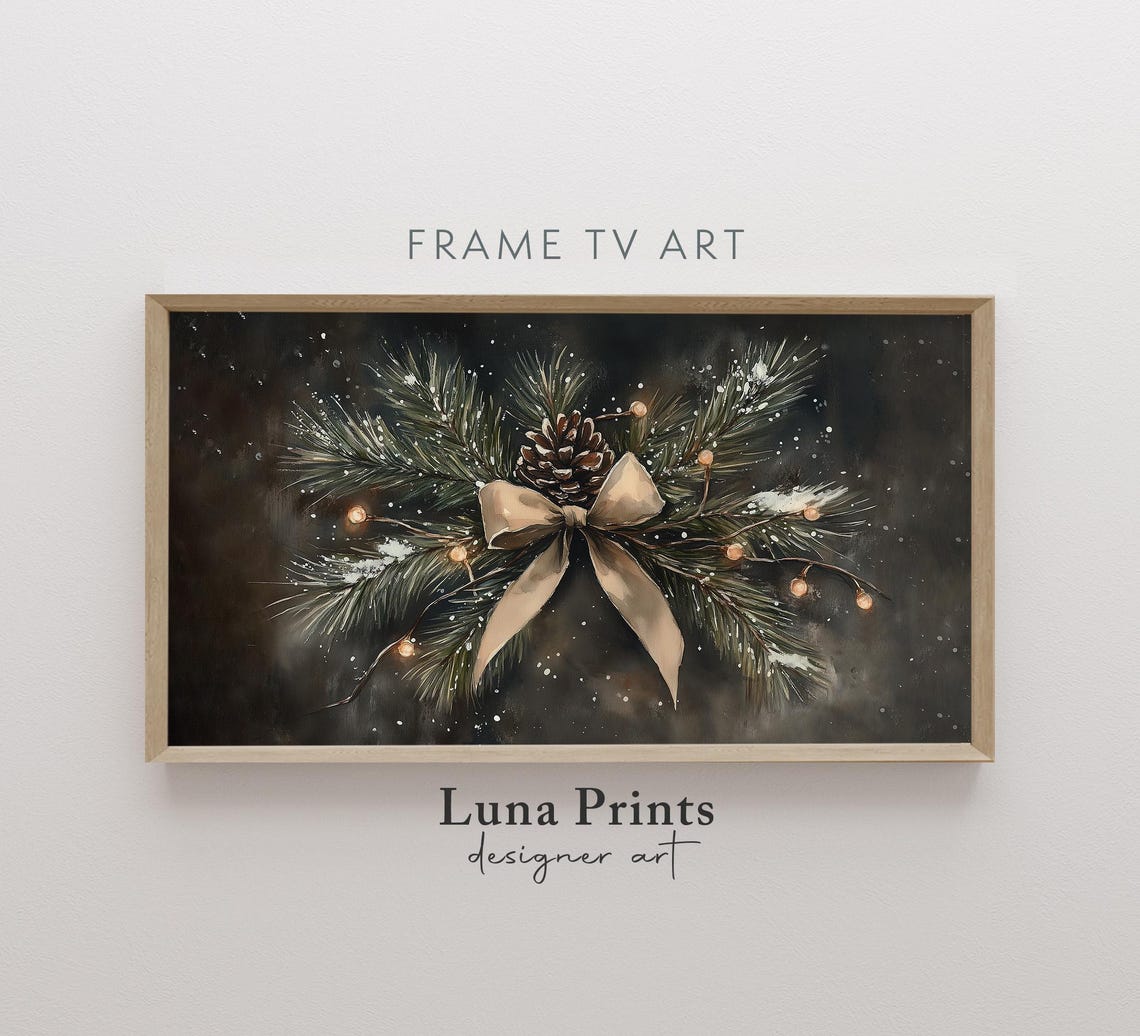 Snowy Pine Spray Pinecone Bow Fairy Lights Moody Christmas Poster