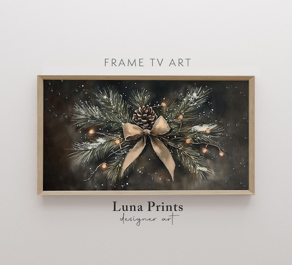 Snowy Pine Spray Pinecone Bow Fairy Lights Moody Christmas Poster