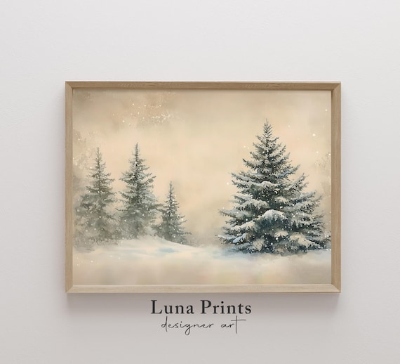 Snowy Pines Winter Forest Warm Beige Vintage Landscape Poster