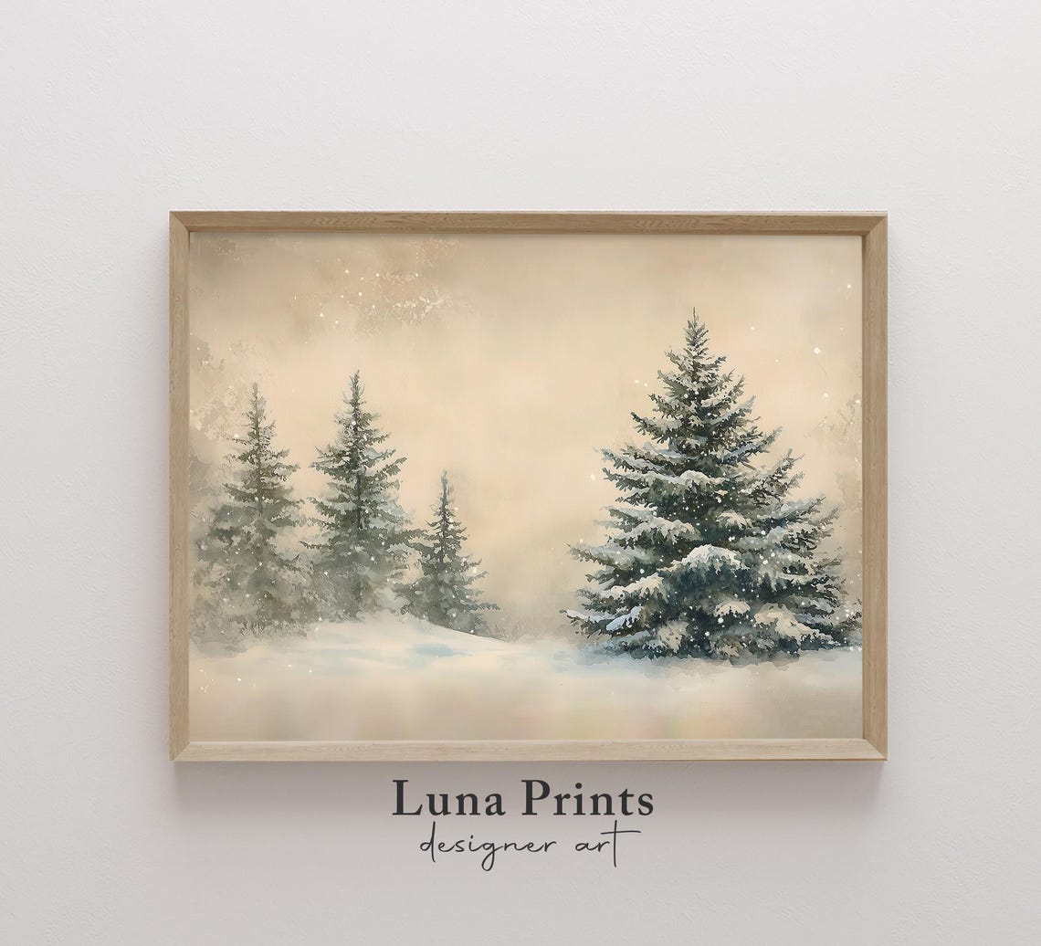 Snowy Pines Winter Forest Warm Beige Vintage Landscape Poster