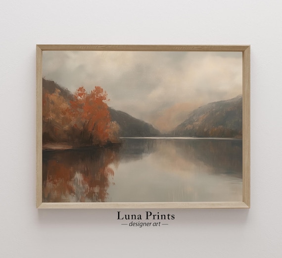 Misty Autumn Lake Orange Trees Mountain Lake Landscape Wall Art