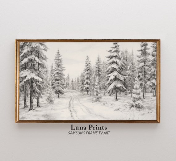 Winter Frame Tv Art Snowy Pine Tree Forest Painting Neutral Screensaver Vintage Landscape For Samsung