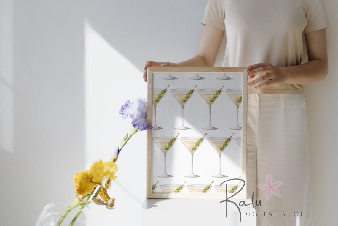 Trendy Martini Glass Cocktail Pattern Bar Cart Watercolor Print - Image 3