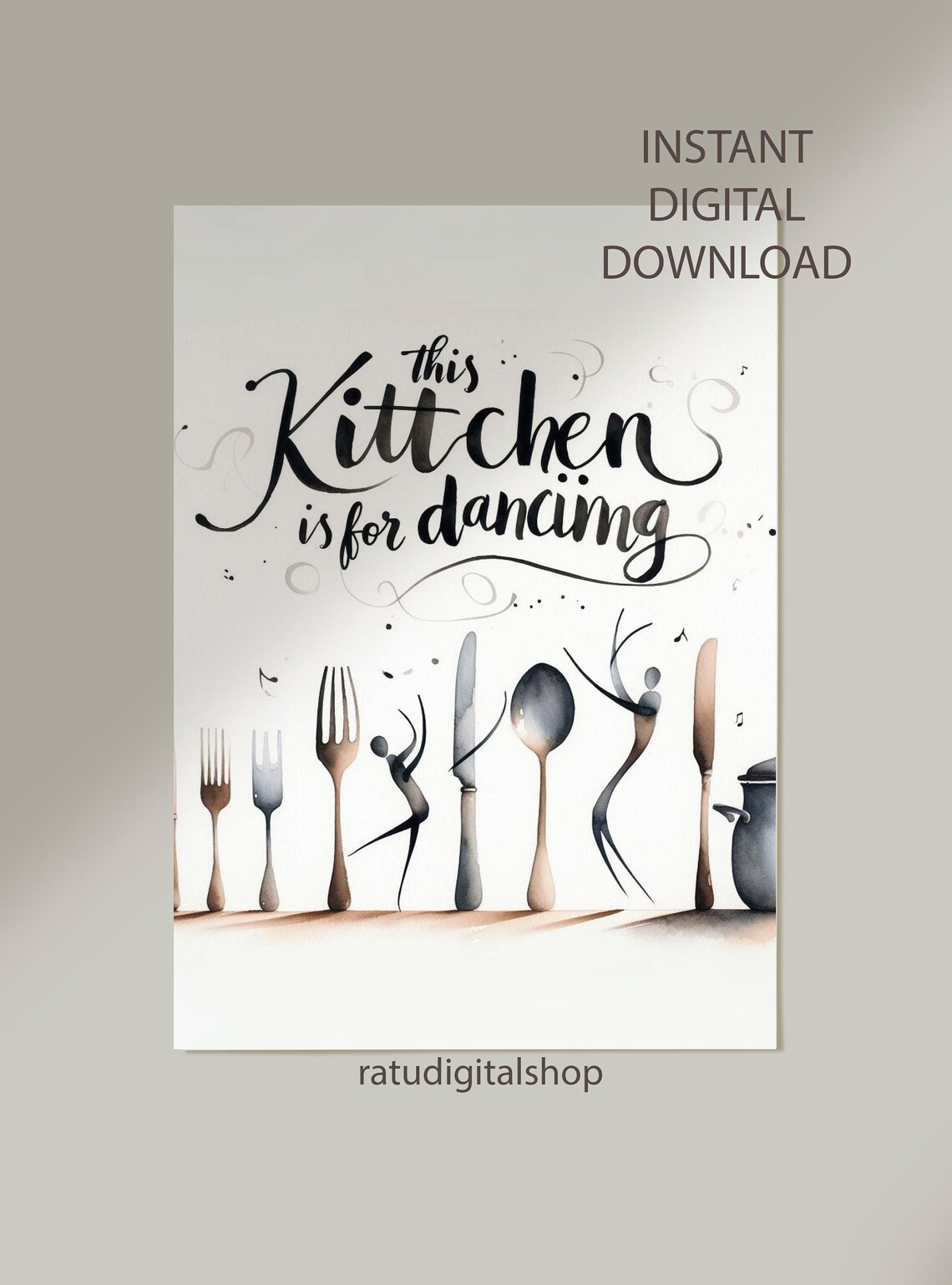 This Kitchen Is for Dancing Dancing Cutlery Watercolor Quote Poster - Image 3