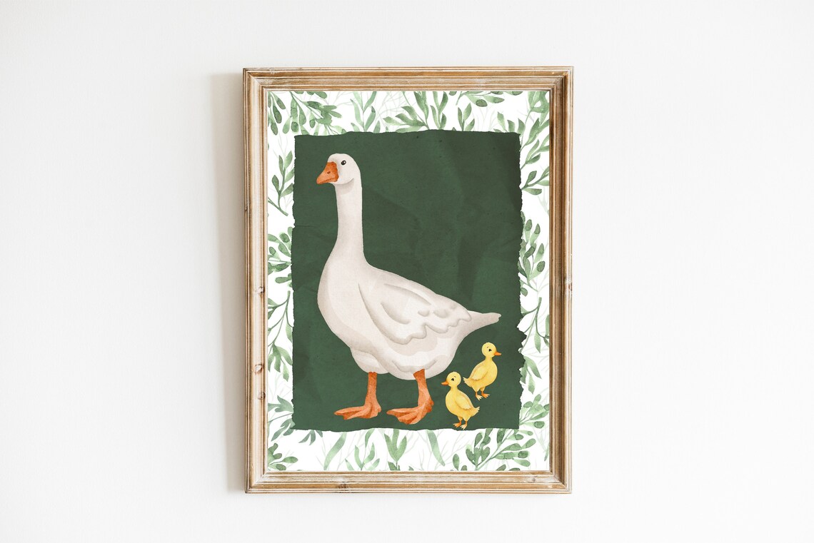White Goose And Ducklings Botanical Watercolor Poster Nursery Farm Art - Image 3
