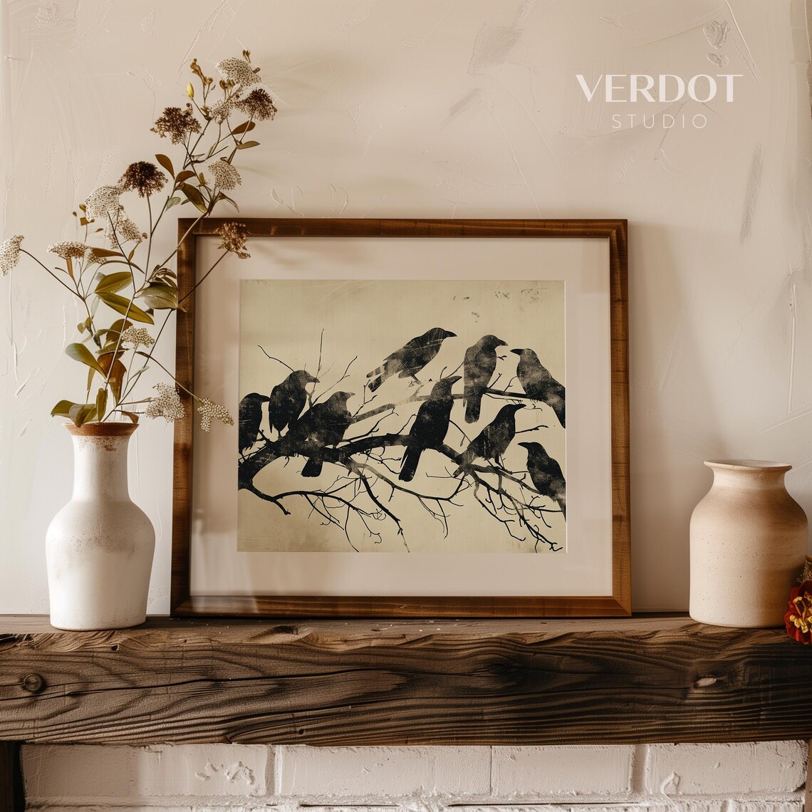 Black Crows Perched On Bare Branch Neutral Vintage Halloween Bird Art Poster - Image 2
