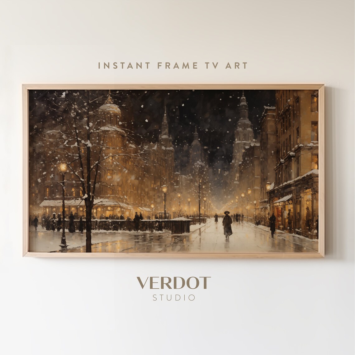 Snowy Winter Night Vintage Winter City Art Print