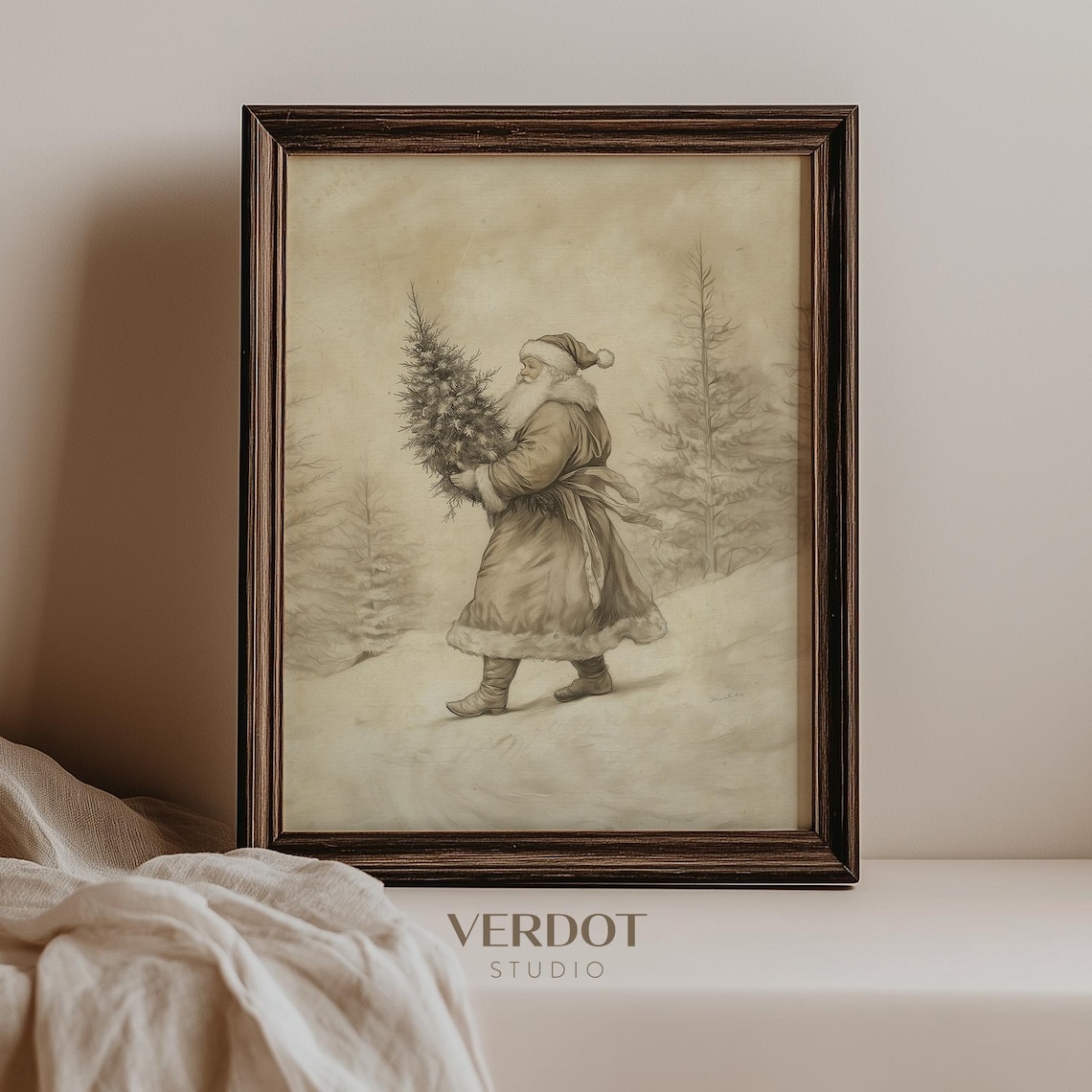 Vintage Christmas Santa Print, Neutral Holiday Decor - Image 2