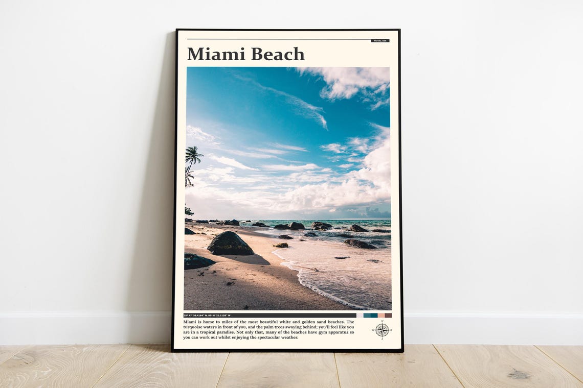 Miami Beach Florida Palms Turquoise Waves Rock Shore Travel Poster