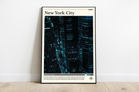 New York City Aerial Teal Night Skyscraper City Lights Poster