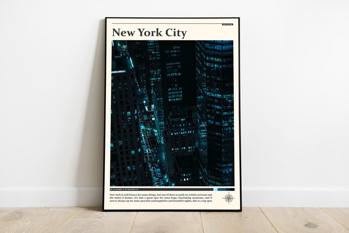 New York City Aerial Teal Night Skyscraper City Lights Poster