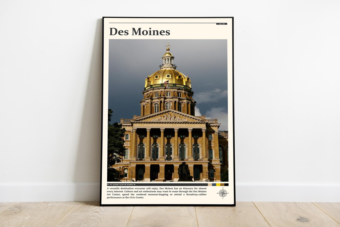 Des Moines Iowa Golden State Capitol Dome Landmark Travel Poster