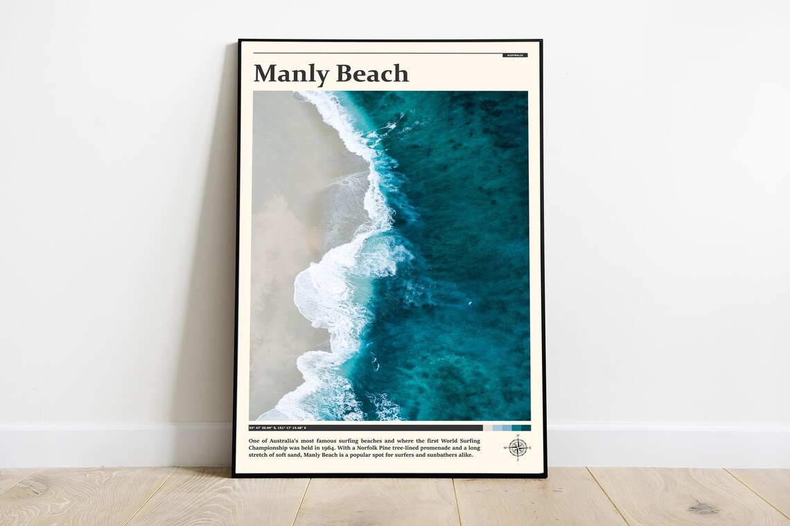 Manly Beach Australia Aerial Wave Shoreline Surfing Travel Poster